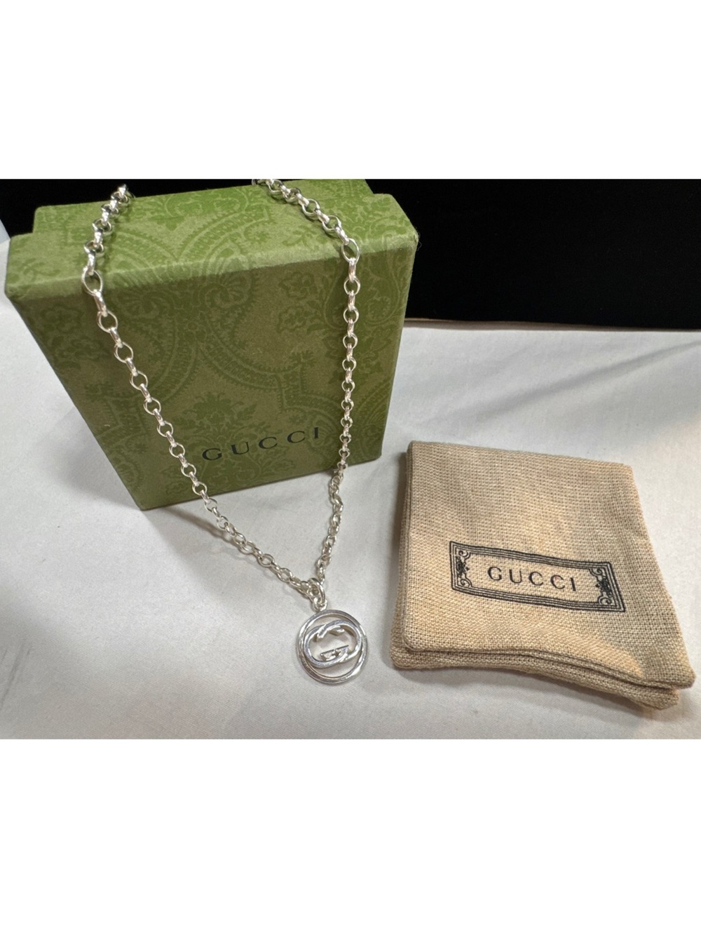 GUCCI Interlocking G Sterling Silver Chain Necklace with Dust-bag and box